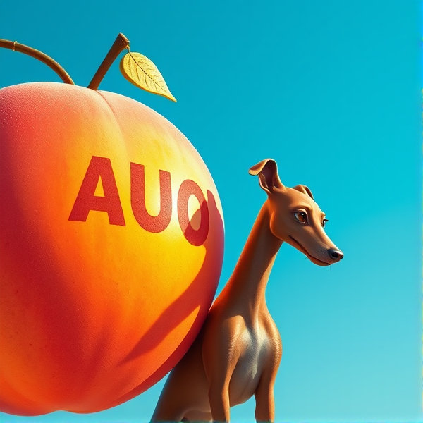 A luscious, oversized peach covered in barely noticeable peach fuzz with the letters "AUO" branded vividly on its sun-kissed, velvety skin. Beside it stands an elegant brown Italian greyhound with a glossy coat and refined posture, ears perked attentively. Both are set against a vibrant clear blue sky backdrop, accentuated by the gentle radiance of the afternoon sun