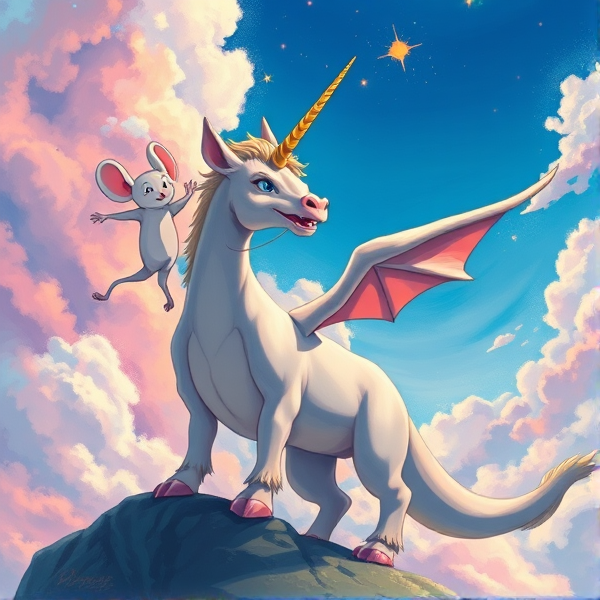 Griffin crossed with a unicorn who has a magical ghost mouse as a sidekick
