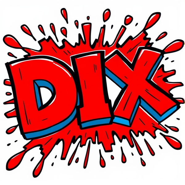 Write DIX and make it red and blue and vibrant and make it Cartoonie