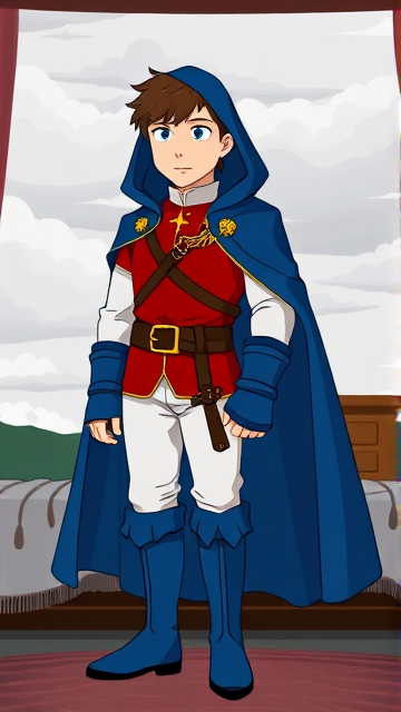 Clyde Donovan from South Park, light skin and brown hair, but as a 14-Year Old, dressed as a medieval prince with a red shirt with white sleeves, a black belt with a gold buckle, white pants, blue boots, blue long-cuffed gloves, and wreathed in a big and long blue hooded cape that reaches his ankles, now known as Prince Donovan. Despite still being a kid, he is the Youngest Ruler of South Park, Colorado, but now reborn as the real life Kingdom of Kupa Keep, Zaron, and Prince Donovan is its youngest and greatest hero. The young teenage prince of Kupa Keep is currently standing in his bedroom in his new home of Kupa Keep Castle, taking a moment to truly admire his newfound royal appearance.