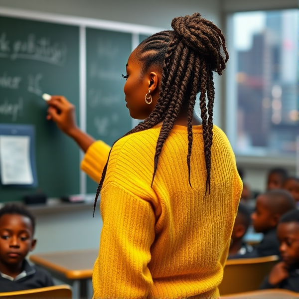 Une enseignante noire âgée de quarante ans coiffée de tresses africaines traditionnelles, portant un pull jaune  se tient le dos tourné en train d'y écrire à la craie blanche au tableau dans une salle de classe avec des élèves noires agés de huit ans.