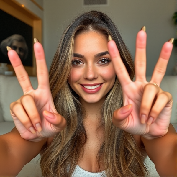 Bella Gloover (the online model) holding up 4 fingers in a selfie