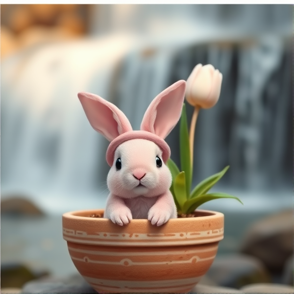 A cute mini pink bunny with droopy ears and a tulip hat in a Jupiter looking pot in front of a water fall in realism