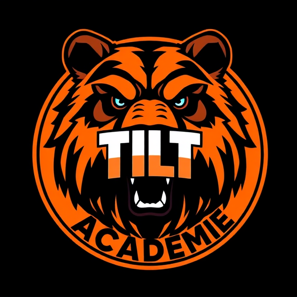 Conception d'un logo circulaire pour une équipe de football, mettant en vedette un grizzly féroce aux yeux bleu pâle, incorporé avec des nuances vibrantes d'orange et de noir. Le design doit exsuder dynamisme et agressivité. Le nom 'Tilt Académie' devrait être inscrit en lettres tridimensionnelles stylisées et intégrées de façon harmonieuse au centre du cercle