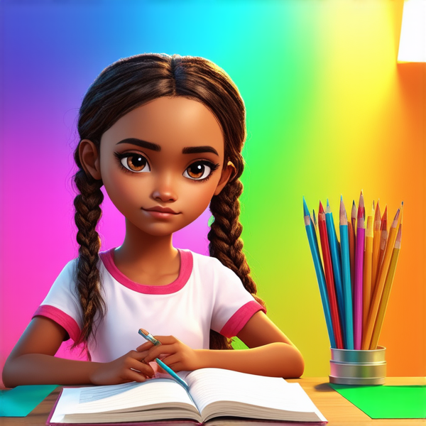 deux fillettes africaines de huit ans aux tresses élaborées assises côte à côte, concentrées sur leurs livres de leçons posés devant elles sur une table éclairée, dans une chambre lumineuse et colorée, avec des fournitures scolaires éparpillées autour