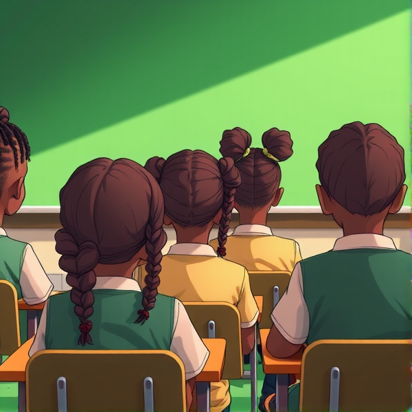 des filles noires de huit ans avec des tresses africaine et garçons assis dans une classe face au tableau vert