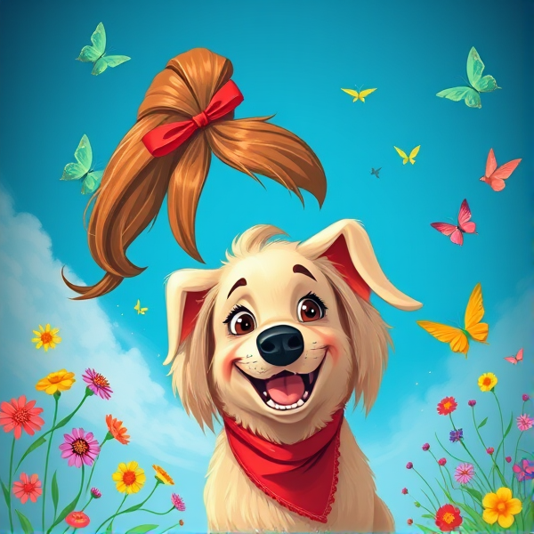Book cover with a lively 10-year-old girl and a brown ponytail, red ribbon, twinkle in her eyes. Blue sky background with butterflies, colorful flowers, birds, and a joyful cream small shaggy dog with long floppy ears with a red bandana. Elements of adventure. Style reminiscent of realistic hand-drawn art.