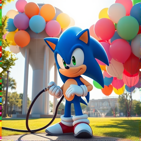 Sonic the Hedgehog stands in a sunlit park, right beside a towering helium tank, grasping a hose that's filling an array of colorful balloons of various hues, each precisely 16 inches in diameter, with a total count of 450 balloons floating around him