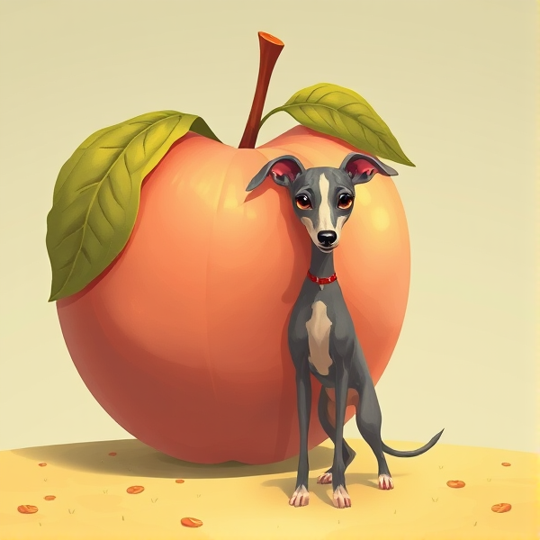 A giant peach with an Italian greyhound