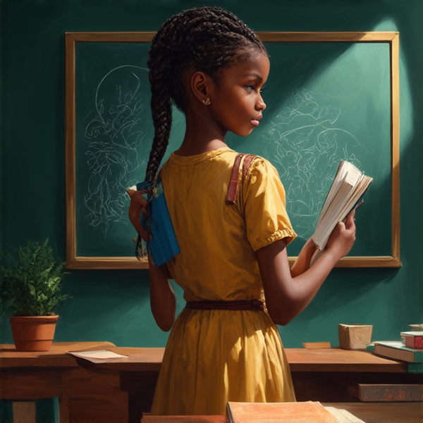 A 8 year-old African girl with intricate braided hair, standing confidently in a vibrant classroom environment, holding notebooks in her hands while facing a chalkboard filled with educational content