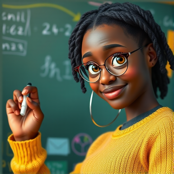 Une enseignante noire âgée de cinquante ans coiffée de tresses africaines traditionnelles, portant un pull jaune  se tient le dos tourné en train d'y écrire avec assurance à la craie blanche au tableau, éléments éducatifs colorés visibles en arrière-plan