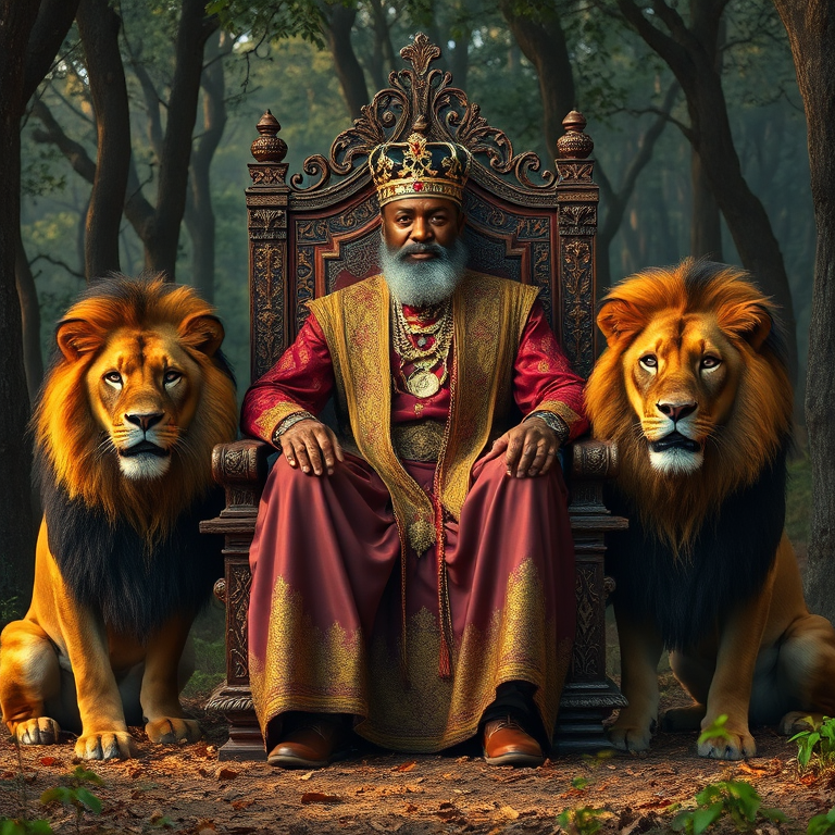 Roi africain vêtu de riches atours, assis sur un trône orné, entouré de lions imposants comme gardiens et symboles de puissance, le tout dans une forêt dense africaine avec des touches de lumière filtrant à travers les arbres pour accentuer l'atmosphère majestueuse et sauvage