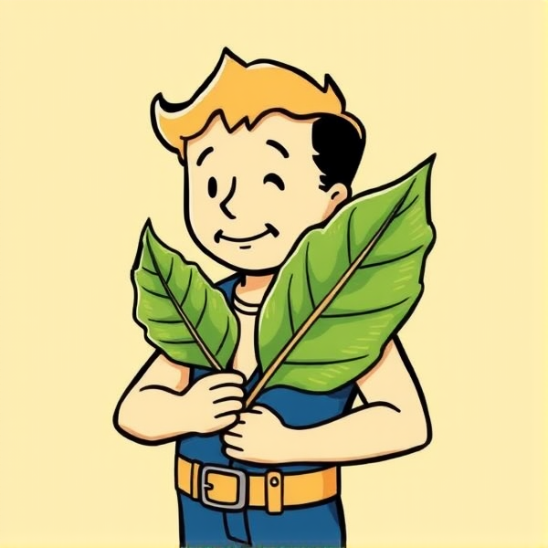 Le personnage vaut boy de Fallout qui tient une feuille de monstera en style tatouage
