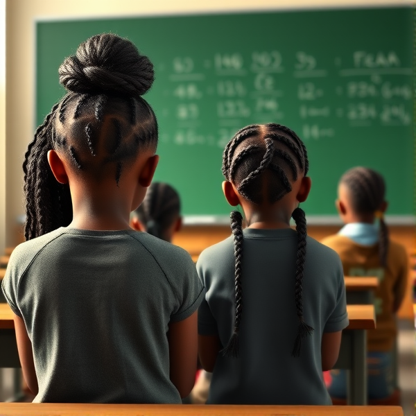 des filles noires de huit ans avec des tresses africaine et des garçons assis dans une classe face au tableau vert sur lequel il y a des calculs mathématiques