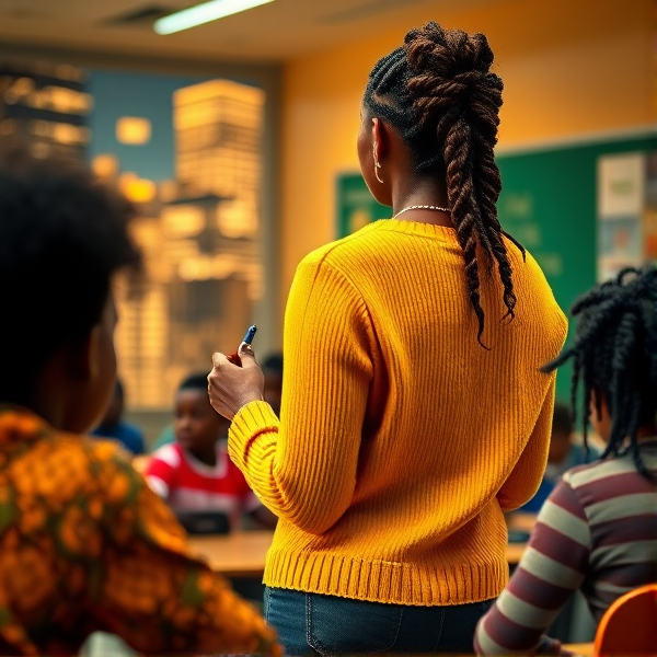 Une institutrice noire âgée de quarante avec des tresses africaines ans vêtue d'un pull jaune le dos tourné écrivant au tableau dans une salle de classe avec des élèves noires agés de huit ans