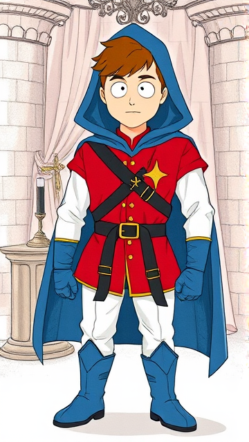 Clyde Donovan from South Park, light skin and brown hair, but as a 14-Year Old, dressed as a medieval prince with a red shirt with white sleeves, a black belt with a gold buckle, white pants, blue boots, blue long-cuffed gloves, and wreathed in a big blue hooded cape, now known as Prince Donovan. Despite still being a kid, he is the Youngest Ruler of South Park, Colorado, but now reborn as the real life Kingdom of Kupa Keep, Zaron, and Prince Donovan is its youngest and greatest hero. The young teenage prince of Kupa Keep is currently standing in his bedroom in his new home of Kupa Keep Castle, preparing to set out for adventure.