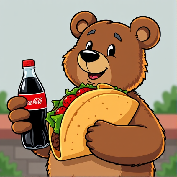 Cartoon bear holding a taco and Coke bottle