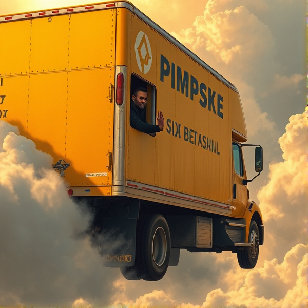 In heaven, all yellow moving truck that says the word "PIMPSKE" ON THE SIDE of trailer, black driver waving out window, truck is driving into heaven