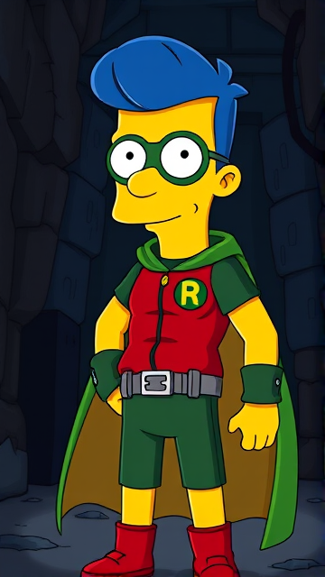 Milhouse Van Houten from The Simpsons, with his yellow skin, really big round nose, and blue hair that's slicked back and curled up at the top, but as a tall, 18-year old teenager, dressed as a parody of Robin, The Boy Wonder, with an extremely muscular torso and arms, a dark green bodysuit with a red torso adorned with a green H symbol on his chest, a grey utility belt, red boots, red long-cuffed gloves, a big, heel-length long, ultra-wide green cape, and a green eye mask with optical lenses in it, now known as Houseboy, The Nerd Wonder, the other half of Springfield's Dynamic Duo, and one of the greatest vigilante superheroes ever known in Springfield. He is currently standing in his secret high-tech underground lair, ready for action.