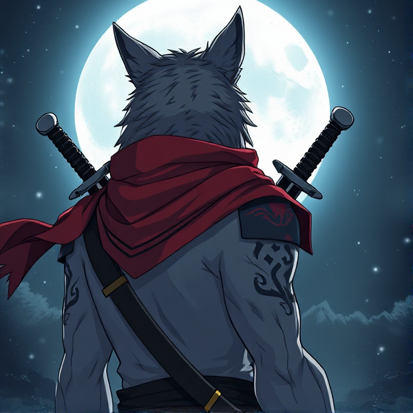 Loup roublard maitre de la lune avec un écharpe rouge autours du cou et avec deux épées dans le dos et un tatoo de Lego sur l'épaule