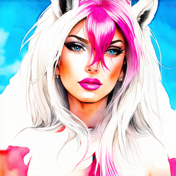 Aquarelle dynamique et détaillée : Femme avec des cheveux rose fuchsia ombrés en blond platine à la racine + cheval blanc