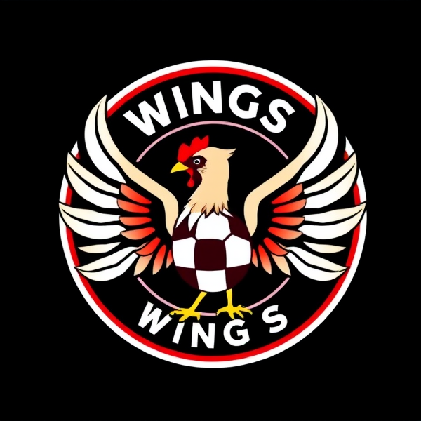 Logo rond d'un club de football appelé team wings avec des ailes de poulet dans le logo