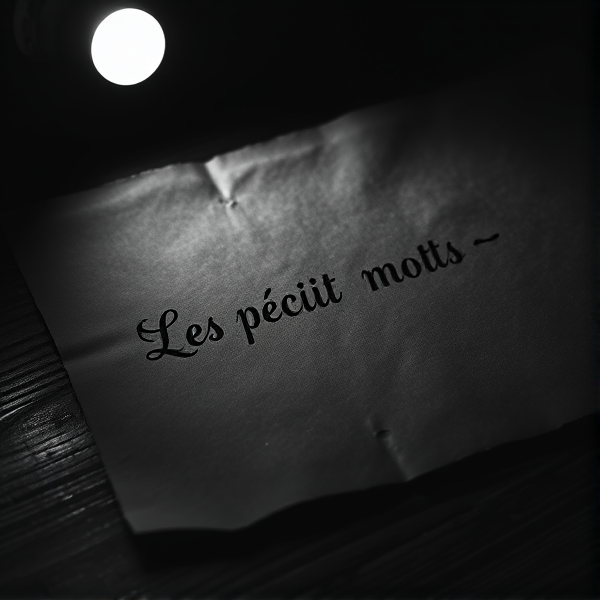 Une feuille épaisse et texturée de couleur sombre repose sur une table en bois ancienne, mise en valeur par un éclairage dramatique d'une lumière blanche provenant du côté, créant un jeu d'ombre et de lumière contrasté. Les mots délicatement inscrits sur la feuille avec une écriture cursive élégante et fine sont illuminés par cette lumière, ressortant clairement contre l'obscurité ambiante. L'ambiance générale de l'image est intime et chaleureuse, malgré le choix du noir et blanc qui renforce l'esthétique vintage et le sentiment de nostalgie. La phrase est "Les petits mots"