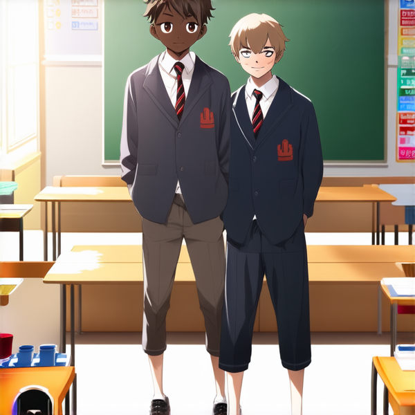 deux garçons noirs de 14 ans, vêtue d'uniforme scolaire , debout souriante et concentrée devant un tableau noir rempli de regles d'orthographe en français  dans une salle de classe ensoleillée et colorée avec des bureaux en bois et des affiches éducatives sur les murs