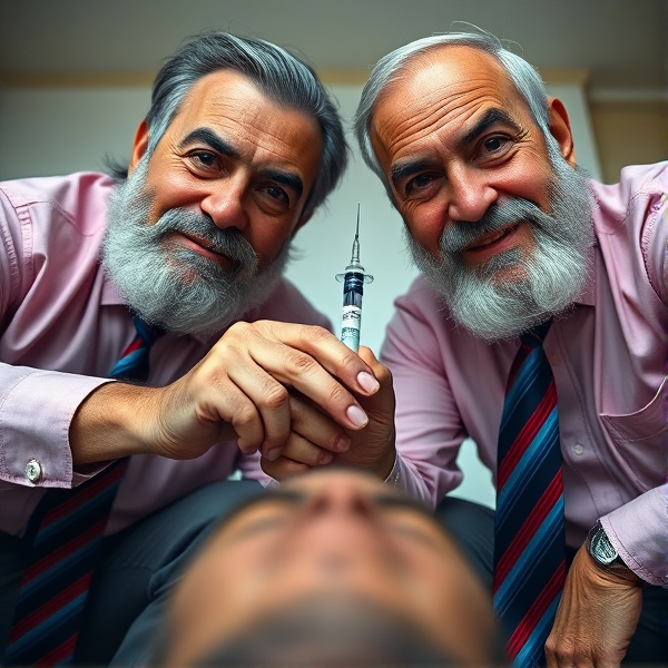 Deux hommes d'affaires marocains âgés, à la barbe fournie, sont accroupis en avec des cravates élégantes à rayures bleues et rouges. Ils fixent la caméra avec confiance, une expression sérieuse sur leur visage, tout en tenant fermement une seringue dirigée vers une tête non visible dans le cadre. La photographie est prise en contre-plongée pour mettre en évidence leur posture imposante. Leurs chemises sont d'une teinte rose  et ils affichent un sourire contraint qui trahit une certaine froideur.