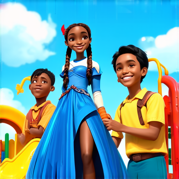 Jeune fille africaine de 8 ans, portant des tresses traditionnelles serrées et élaborées, vêtue d'une longue robe bleue, souriante et rayonnante de joie, debout au centre d'une cour de récréation avec des eleves