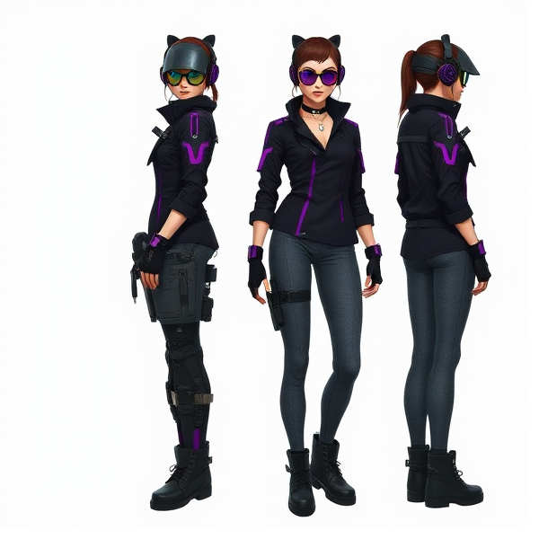 Molly’s gear is a fusion of futuristic technology and urban street fashion, perfectly tailored for her role as a stealth operative. Her headgear includes a sleek matte-black headset with Inner Ear Monitors (IEMs) and an Augmented Reality (AR) monocle that displays critical data and offers thermal and night vision capabilities. Her form-fitting jacket, black with purple and silver accents, is lightweight yet durable, featuring hidden compartments and sensors that monitor her vitals and surroundings.

Her lower body is equipped for both protection and enhanced mobility. She wears grey yoga pants reinforced with nanofiber weaves, paired with a high-tech brace on her left leg. This brace supports her movements with mini-servos and sensors, allowing for greater agility and balance. Molly’s boots are sturdy, flexible, and equipped with noise-cancelling technology, ensuring she can move silently across any terrain. 

Molly’s accessories and arm gear further enhance her capabilities. She sports multi-functional gloves with haptic feedback and a pair of wrist-mounted devices that serve as control panels and defensive tools. Her utility belt and choker are both functional and stylish, with the belt holding essential tools and gadgets, while the choker serves as a communication device. Molly’s overall look blends style, technology, and practicality, enabling her to execute missions with precision and flair.