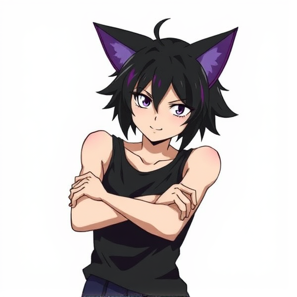 My hero academia oc. Arms crossed. Cat ears black with purple tips. Black hair. With purple streaks.  Full body reference sheet. Sleeveless shirt. 3/4 view