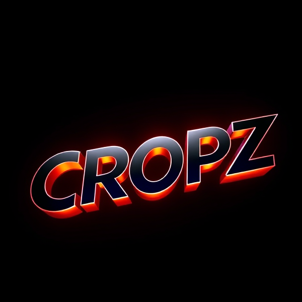 Highly detailed, high-contrast 3D logo of "CROPZ" designed in a sleek, stylish sans-serif and bold font, dynamically leaping from a pitch-black backdrop with intense and strategic illumination by the Capcut app logo. The logo features futuristic curves that are both sharp and fluid, exhibiting smooth metallic surfaces that reflect light, creating a sense of excitement and dynamism. Rendered to exhibit a rich and vivid Pixar-animation style characterized by crisp lines, pronounced geometric shapes, with an emphasis on vibrant color palettes and glossy finishes. Utilization of advanced rendering techniques inspired by Unreal Engine's realism, Octane Engine's lightning-fast ray tracing abilities, and V-Ray's global illumination for heightened visual impact. The overall aesthetic is amplified to be exaggeratedly surreal with a sci-fi inspiration that is strikingly eye-catching without any trace of subtlety or minimalism