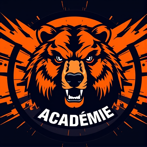 Concevez un logo de club de football dynamique et captivant mettant en vedette un grizzly concentré comme emblème central dominant. Le design illustre un ours grizzly féroce, avec des yeux pénétrants qui expriment la force et la détermination. Les teintes prédominantes sont l'orange vif et le noir intense, offrant un contraste marqué symbolisant l'énergie et l'intensité du sport. Le logo adopte une forme circulaire parfaite, soulignée par une bordure noire épaisse qui lui confère solidité et impact visuel. À l'intérieur du cercle, le nom "Tilt Académie" est inscrit en lettres grasses et modernes avec une police simple et épurée pour assurer la lisibilité tout en affirmant sa présence.

L'arrière-plan est artistiquement stylisé pour suggérer le mouvement et la passion du football, avec des éléments tels que des traînées abstraites dynamiques ou des motifs qui évoquent une vitesse extrême. Des références discrètes au football se fondent dans le design, comme des contours suggestifs d'un ballon ou des silhouettes floues de joueurs en mouvement positionnées autour du grizzly.

La composition doit transmettre une vitalité intense tout en affichant une présence imposante qui inspire les joueurs et les supporters. L'esthétique doit être percutante dès le premier regard mais également intemporelle pour demeurer significative à travers les différentes saisons. "Tilt Académie" devrait être mis en exergue dans le design global.Tilt Académie