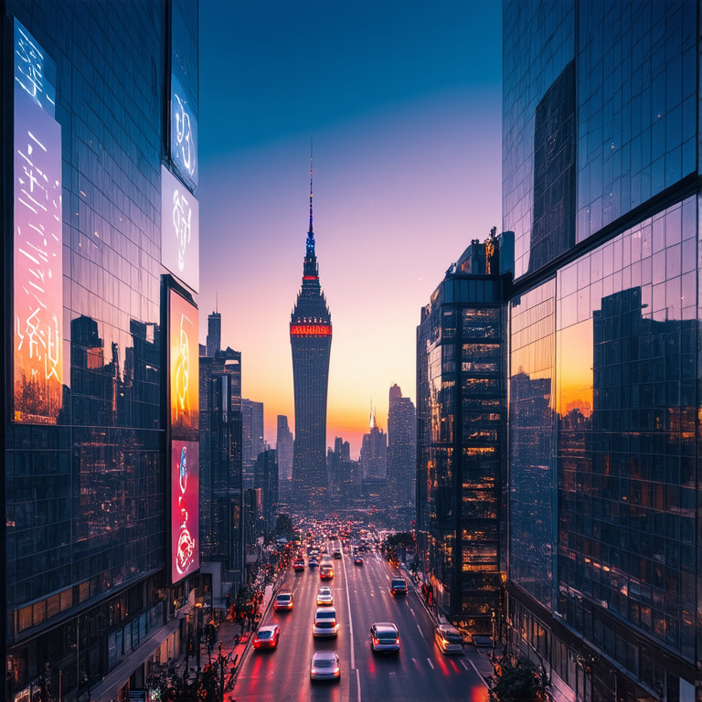 A futuristic cityscape at twilight, towering skyscrapers with neon lights reflecting off glass surfaces, a bustling street filled with humanoid robots and humans interacting, hovering vehicles zooming overhead, vibrant holographic advertisements in various languages. In the background, a massive digital clock tower displaying time in glowing blue numbers. The sky is painted in shades of purple and orange as the sun sets behind the skyline.