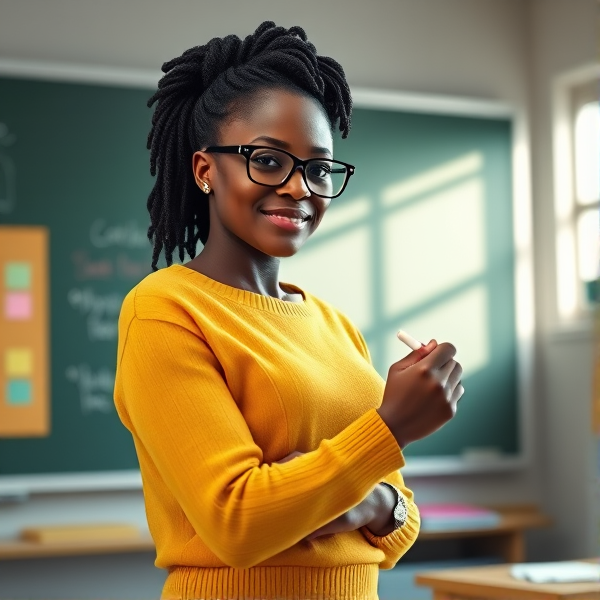 Une enseignante afro-américaine élégamment coiffée de tresses africaines traditionnelles, portant un pull jaune vif et des lunettes, se tient debout face à un tableau noir de salle de classe en train d'y écrire avec assurance à la craie blanche, lumière naturelle émanant des fenêtres, éléments éducatifs colorés visibles en arrière-plan