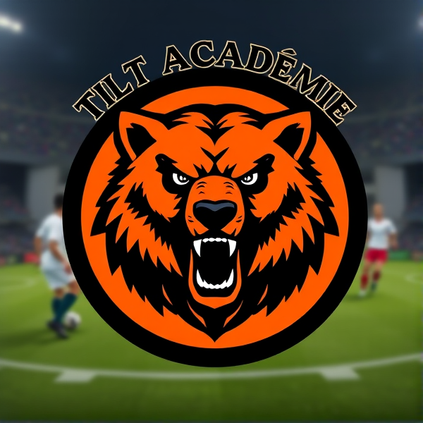 Dynamic soccer team logo featuring a fierce grizzly bear emblem at the center, predominant colors of orange and black, circular shape with a thick black border, 'Tilt Académie' text in bold font arched across the top of the circle, stylized background suggesting movement and sports passion, subtle football elements incorporated into the design