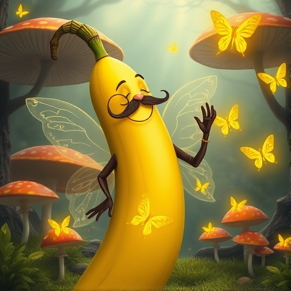 Prompt: Un personnage de conte de fée élégant et souriant déguisé en banane, portant une monocle et une moustache, posant dans une scène enchantée avec des champignons géants et des papillons lumineux