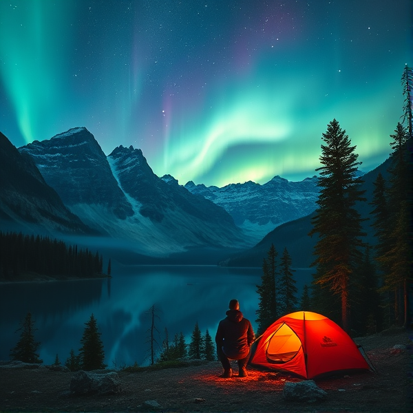 A man camping far away in aurora with mountains and trees with fire and lake from a forest view
