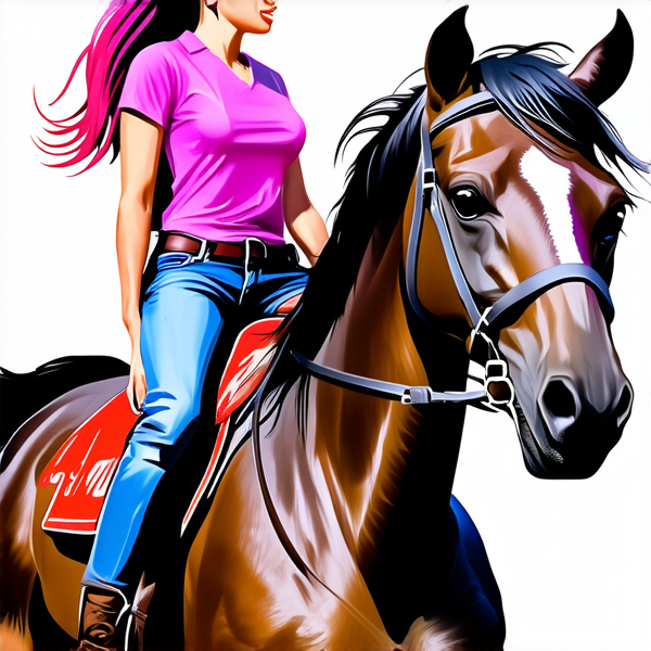 peinture : De profil, image de tete au pied,  Une femme aux chauveux rose fushia, sur un cheval qui galoppe. elle porte un jean, elle a les chauveux lachés