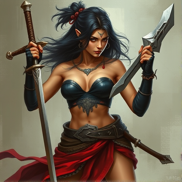 Half witch half swordswoman mixed and muscular woman