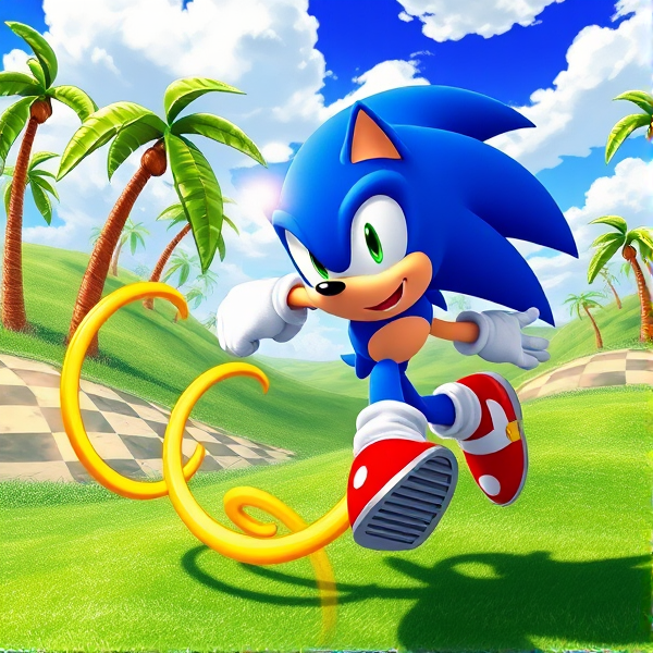Sonic the Hedgehog in a dynamic action pose, sprinting through Green Hill Zone with a trail of golden rings behind him, showing off his super speed and agility. The background is vibrant and detailed with checkered hills, palm trees, and a bright blue sky filled with fluffy white clouds. Sonic himself is detailed and expressive, with his iconic red shoes and blue quills perfectly captured in mid-motion as he prepares to spin dash