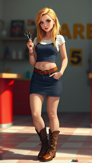 Female barberette wearing mini skirt, crop top and boots. She has long blonde hair and She is holding scissors