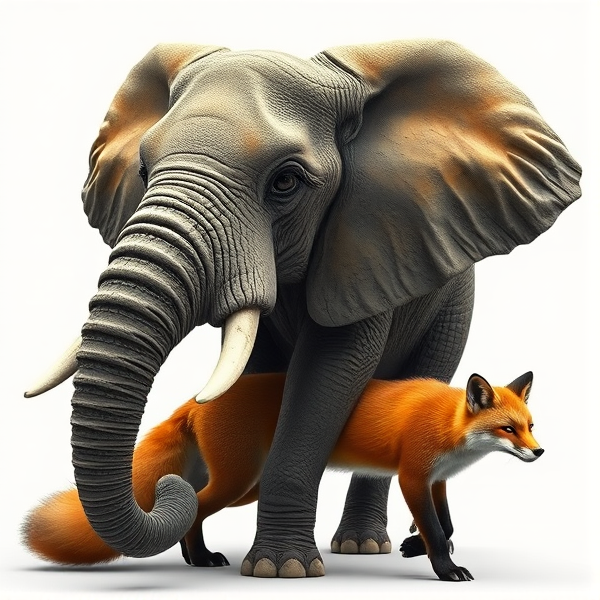An intricately detailed chimera with the head of an African elephant, complete with textured skin and large, expressive eyes, seamlessly transitioning into the sleek, agile body of a red fox adorned in its vibrant orange fur