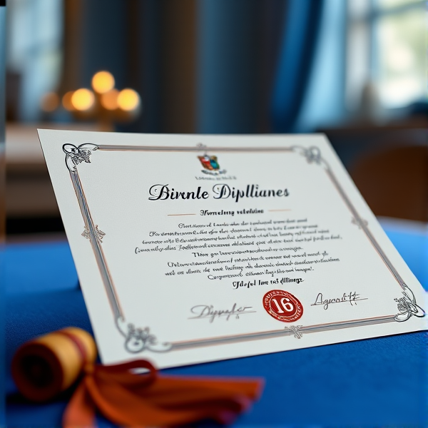 Diplôme écrit en français posé sur une table  bleue