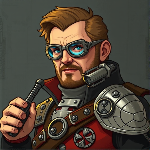 Create a picture of a Charles from Henry stickmin with cybernetic upgrades after the valiant hero ending