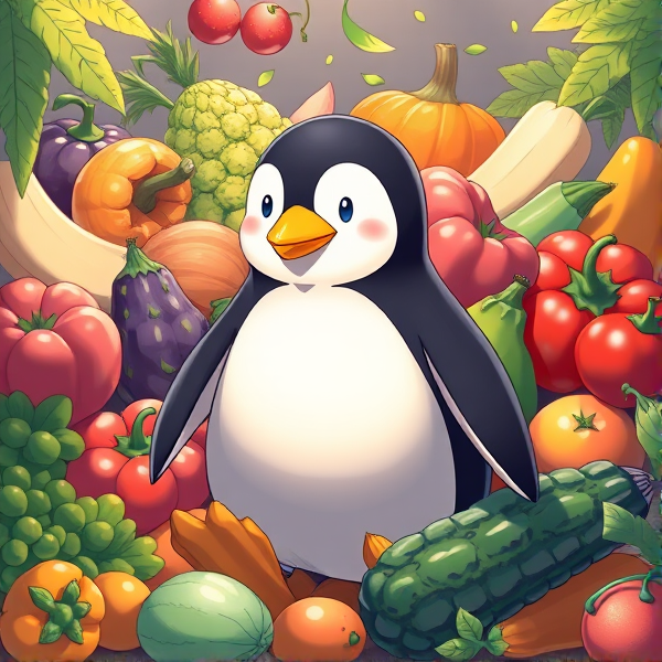 Manchot entouré de fruit et légume