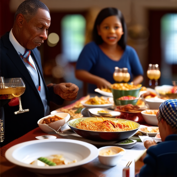 Repas de famille afro-américaine traditionnel, réunis autour d'une grande table avec des plats faits maison typiques