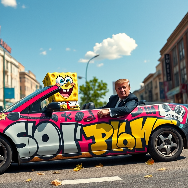 SpongeBob au volant d'une voiture cabriolet impeccable, souriant largement, les mains fermement posées sur le volant. La voiture arbore une peinture personnalisée de graffitis colorés dans un style hip-hop dynamique, avec des motifs de microphones, casquettes portées à l'envers, chaînes en or et baskets emblématiques qui ornent chaque partie de la carrosserie. Donald Trump est assis à ses côtés, élégamment vêtu, avec un sourire discret. Ils sont stationnés au bord d'une rue urbaine en plein jour, entourée de gratte-ciels imposants et d'activité foisonnante typique d'un quartier branché. Une brise légère fait virevolter quelques feuilles sur le trottoir et les expressions des passants oscillent entre étonnement et amusement face à ce spectacle inhabituel. Le ciel est clair parsemé de nuages éparses qui amplifient la luminosité naturelle, mettant en valeur cette scène urbaine pleine de vie.