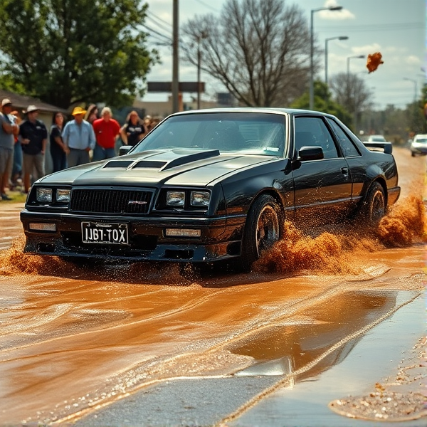 An incredibly customized, over-the-top muscle car version of Holden commodore painted Matt black with vibrant sparkling chrome details, and roaring exhaust pipes aggressively speeding along the road. it plows through a deep, luscious puddle of thick, brown gravy. The force sends torrents of gravy splashing chaotically in all directions, creating a dynamic and messy spectacle. The scene is set against a backdrop of astonished onlookers and with chunks of gravy mid-air, reflecting the sunlight.